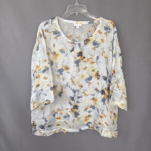 J Jill Pure Jill Top Womens Large Linen Floral Boxy Lagenlook 3/4 Sleeve Blouse